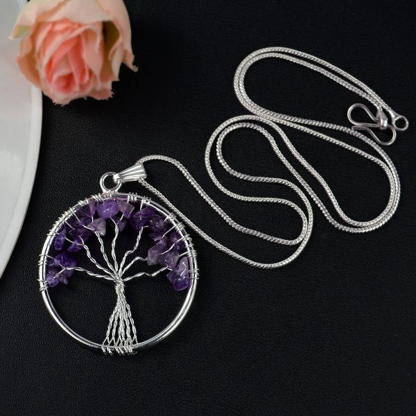 Natural Crystal Stone Tree of Life Pendant Size 35-40 mm with Metal Chain
