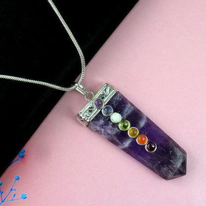 Natural Crystal Stone Flat Stick 7 Chakra Beads Pendant Size 45-50 mm with Metal Chain
