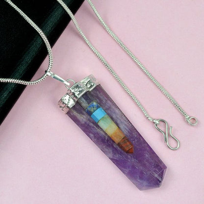 Natural Crystal Stone 7 Chakra Flat Stick Pendant Size 45-50 mm with Metal Chain