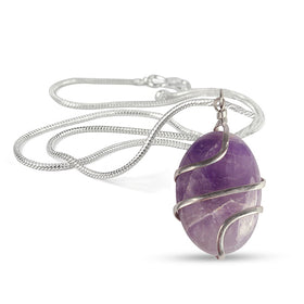 Natural Amethyst Oval Wire Wrapped Pendant with Polished Chain