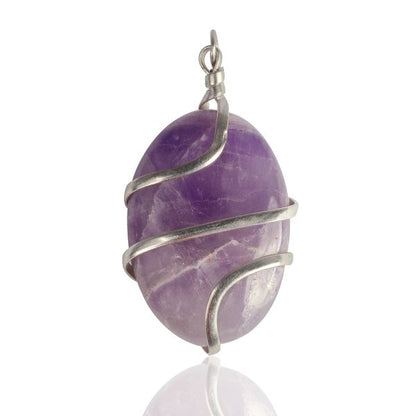 Natural Amethyst Oval Wire Wrapped Pendant with Polished Chain