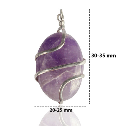 Natural Amethyst Oval Wire Wrapped Pendant with Polished Chain