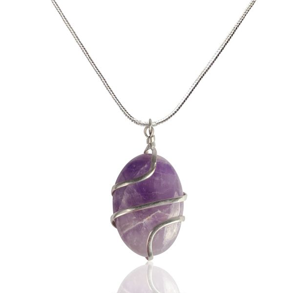Natural Amethyst Oval Wire Wrapped Pendant with Polished Chain