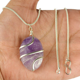 Natural Amethyst Oval Wire Wrapped Pendant with Polished Chain
