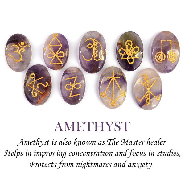 Natural Stone Oval Shape Karuna Reiki Symbol Engraved Set of 9 pcs