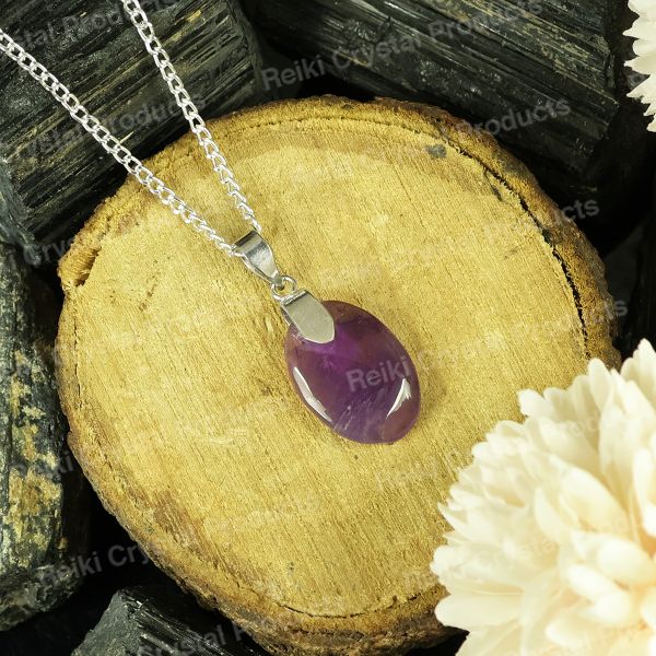 Natural Amethyst Oval Shape Pendant - Locket With Metal Chain for Unisex