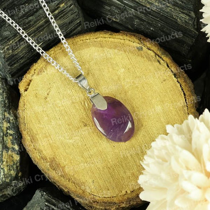 Natural Amethyst Oval Shape Pendant - Locket With Metal Chain for Unisex