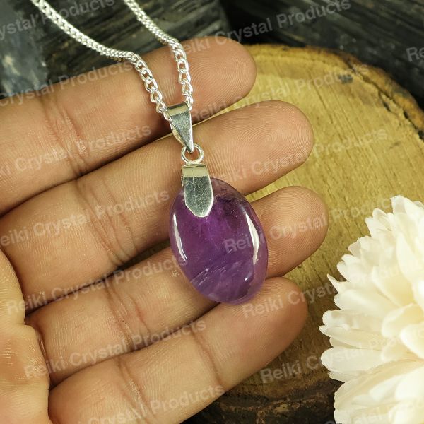 Natural Amethyst Oval Shape Pendant - Locket With Metal Chain for Unisex