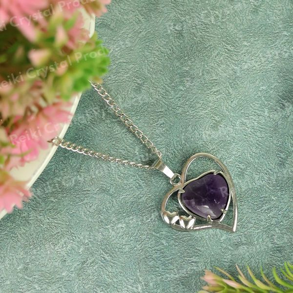 Natural Crystal Stone Heart Shape Metal Pendant - Locket with Metal Chain