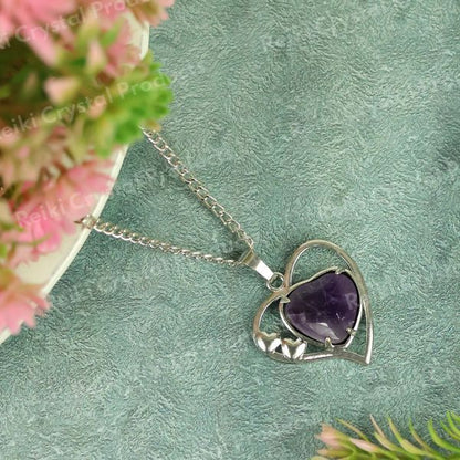 Natural Crystal Stone Heart Shape Metal Pendant - Locket with Metal Chain