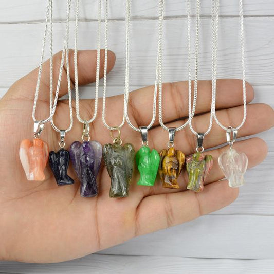Natural Crystal Stone Angel Shape Pendant Size 20-25 mm with Metal Chain