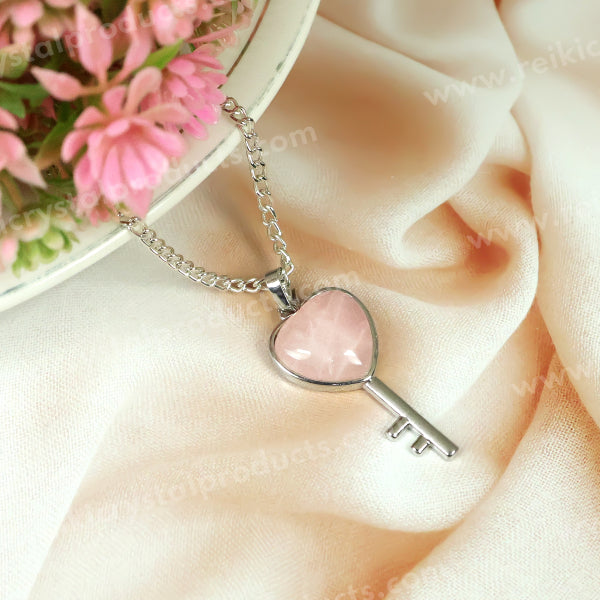 Natural Crystal Stone Heart Key Shape Pendant - Locket with Metal Chain