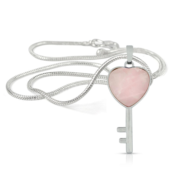 Natural Crystal Stone Heart Key Shape Pendant - Locket with Metal Chain