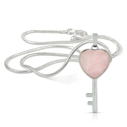 Natural Crystal Stone Heart Key Shape Pendant - Locket with Metal Chain