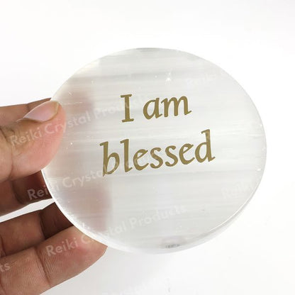 Selenite I am Blessed Charging Plate for Reiki Crystal Cleansing Size 7.6 cm (3 inch)
