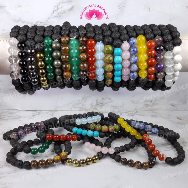 Natural Lava with Mix Semi Precious Stone 8 mm Beads Bracelet Charged By Reiki Grand Master