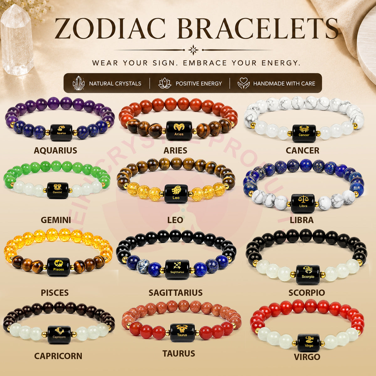 Certified Zodiac Crystal Bracelet Collection | Aries, Taurus, Gemini, Cancer, Leo, Virgo, Libra, Scorpio, Sagittarius, Capricorn, Aquarius & Pisces | Men & Women