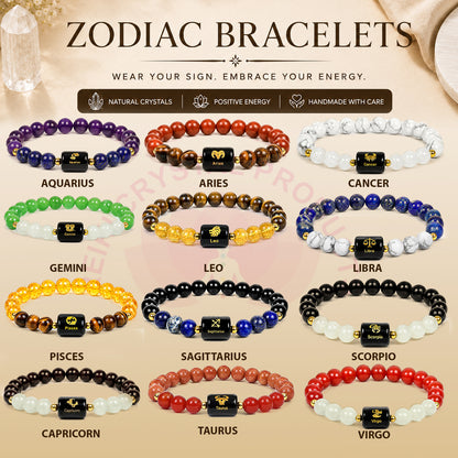 Certified Zodiac Crystal Bracelet Collection | Aries, Taurus, Gemini, Cancer, Leo, Virgo, Libra, Scorpio, Sagittarius, Capricorn, Aquarius & Pisces | Men & Women