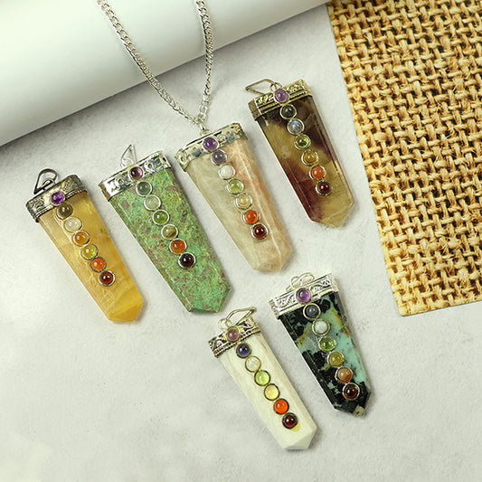 Natural Crystal Stone Flat Stick 7 Chakra Beads Pendant Size 45-50 mm with Metal Chain