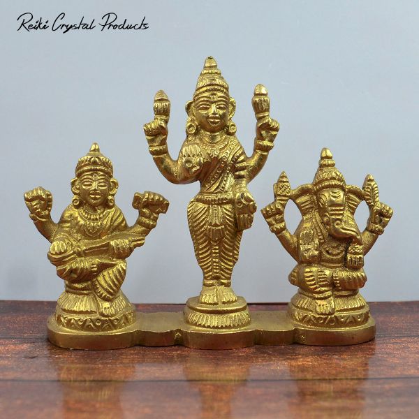 Brass Laxmi Ganesh Saraswati Idol/God Murti 81.28 mm (Size 3.5 cm)