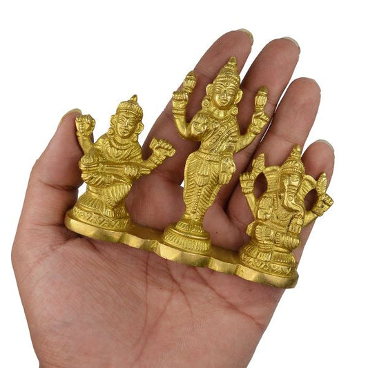 Brass Laxmi Ganesh Saraswati Idol God Murti 8 cm