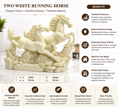 Two Big White Running Horses Showpiece | Premium Polyresin Horse Statue for Home, Office & Living Room Décor | Vastu Decorative Figurine for Success, Progress & Positive Ambience | 18 × 16 cm