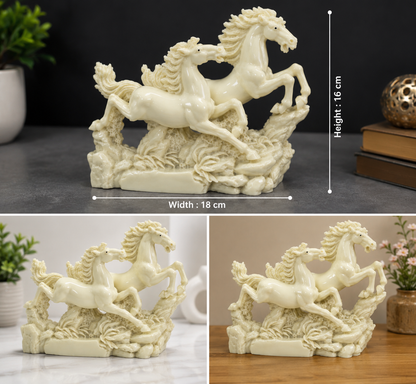 Two Big White Running Horses Showpiece | Premium Polyresin Horse Statue for Home, Office & Living Room Décor | Vastu Decorative Figurine for Success, Progress & Positive Ambience | 18 × 16 cm