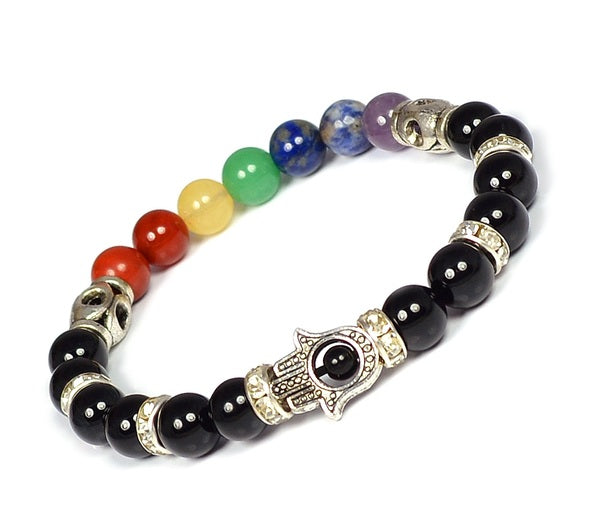 Natural Crystal Stone 7 Chakra Hamsa Charm 8 mm Bracelet