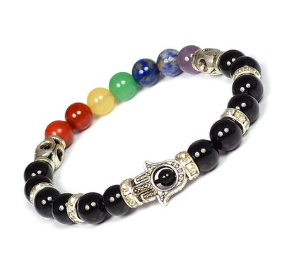 Natural Crystal Stone 7 Chakra Hamsa Charm 8 mm Bracelet