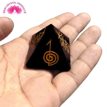Black Agate Reiki Symbol Engraved Pyramid