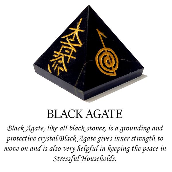 Black Agate Reiki Symbol Engraved Pyramid