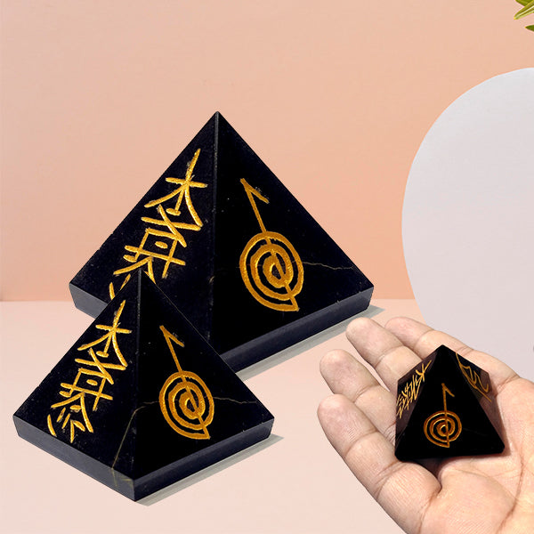 Black Agate Reiki Symbol Engraved Pyramid