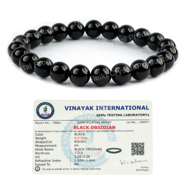 Certified Black Obsidian 8 Mm Round Bead Bracelet