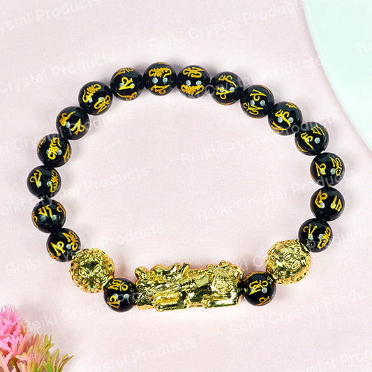Black Obsidian Pixiu Bracelet, Feng Shui Bracelet, Om Mani Bracelet for Wealth