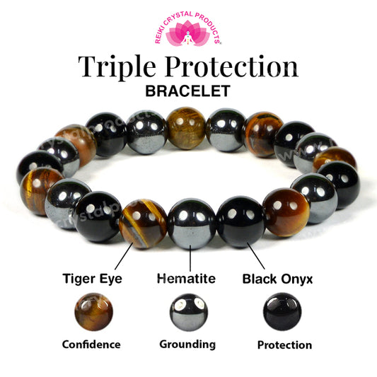 Triple Protection 10 mm Bracelet Hematite, Tiger Eye, Black Onyx