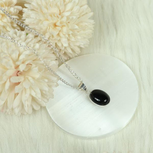 Natural Black Onyx Oval Shape Pendant Locket with Metal Chain for Unisex