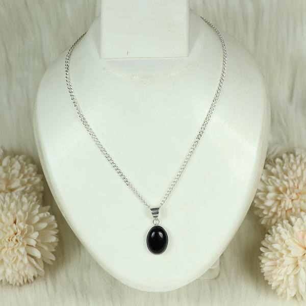 Natural Black Onyx Oval Shape Pendant Locket with Metal Chain for Unisex