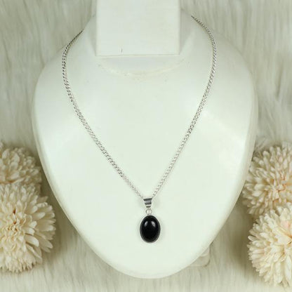Natural Black Onyx Oval Shape Pendant Locket with Metal Chain for Unisex