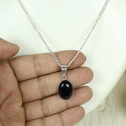 Natural Black Onyx Oval Shape Pendant Locket with Metal Chain for Unisex