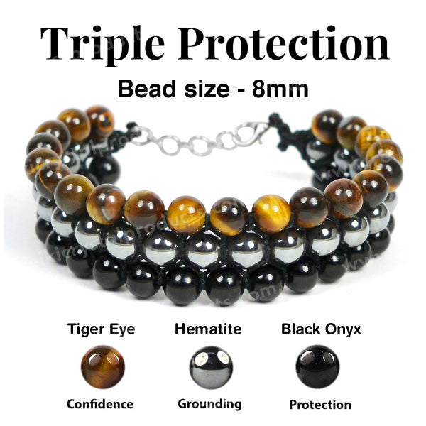 Triple Protection Black Onyx Macrame Nylon Cord Adjustable Wristband Triple line Stone Bracelet
