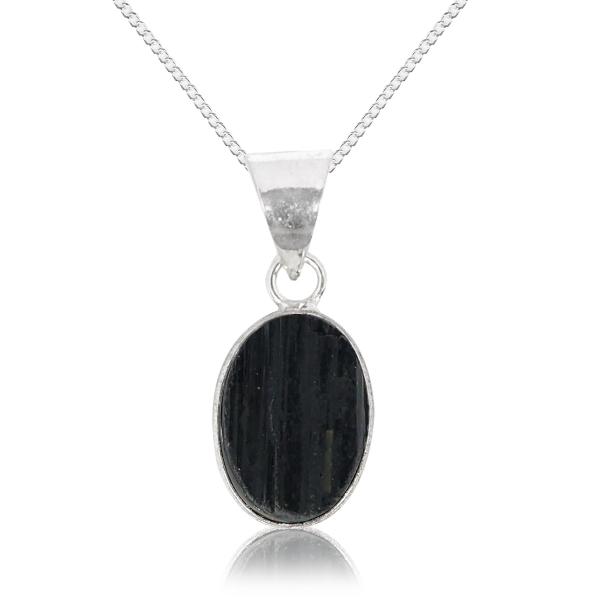 Natural Black Tourmaline Oval Shape Pendant Locket with Metal Chain for Unisex