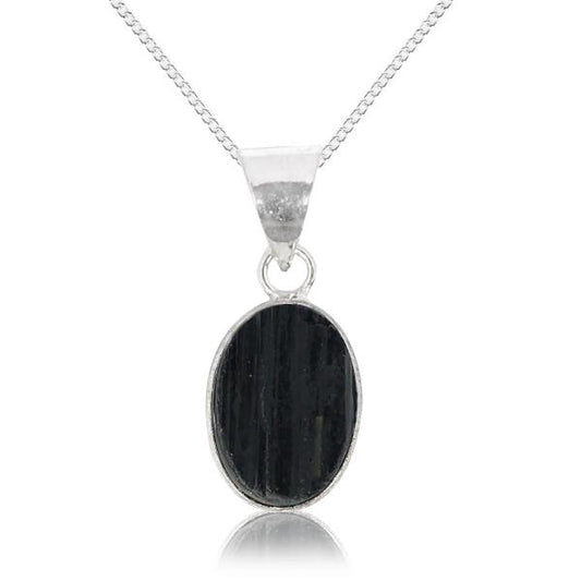 Natural Black Tourmaline Oval Shape Pendant Locket with Metal Chain for Unisex