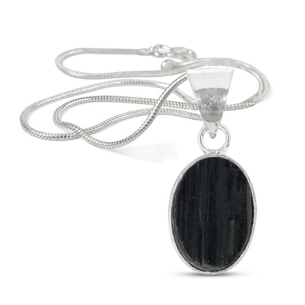 Natural Black Tourmaline Oval Shape Pendant Locket with Metal Chain for Unisex