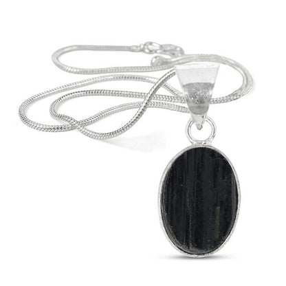 Natural Black Tourmaline Oval Shape Pendant Locket with Metal Chain for Unisex