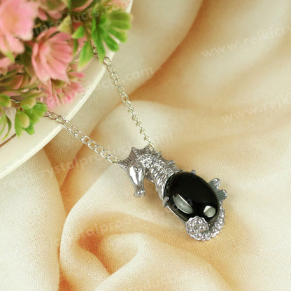 Natural Crystal Stone Seahorse Shape Pendant - Locket with Metal Chain