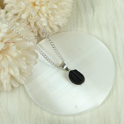 Natural Black Tourmaline Oval Shape Pendant Locket with Metal Chain for Unisex