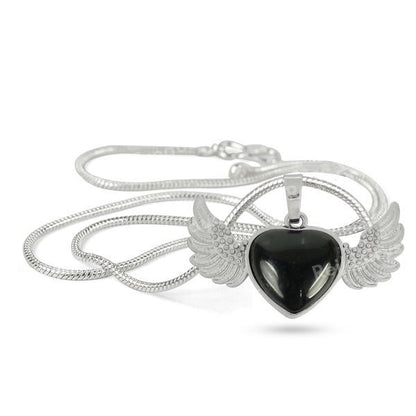 Natural Crystal Stone Angel Wings Heart Shape Pendant - Locket with Metal Chain