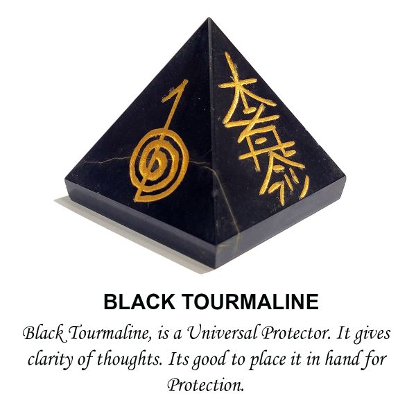 Natural Black Tourmaline Reiki Symbol Engraved Pyramid