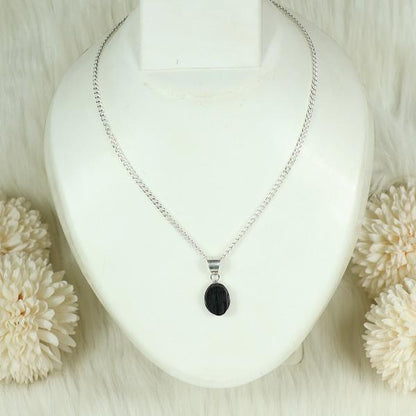 Natural Black Tourmaline Oval Shape Pendant Locket with Metal Chain for Unisex