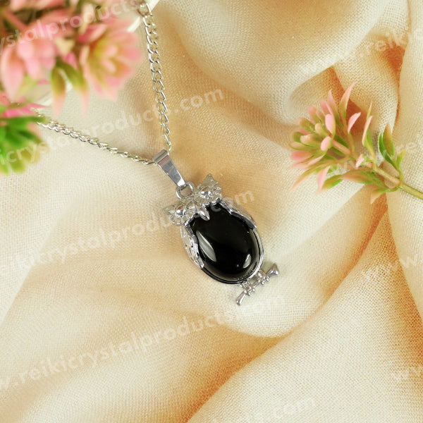 Natural Crystal Stone Owl Shape Pendant - Locket with Metal Chain
